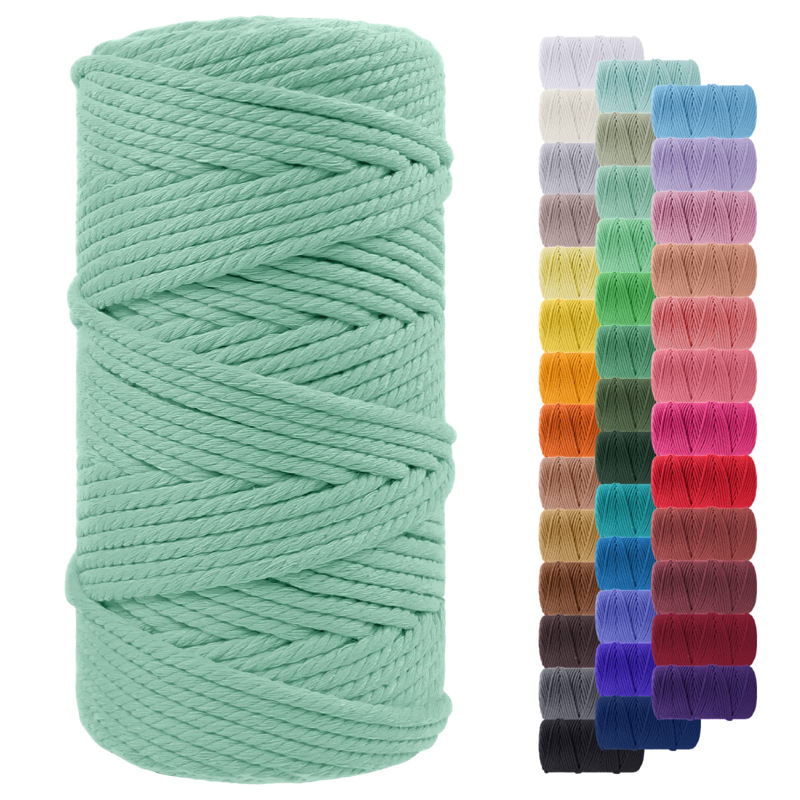 LEREATI Macrame Cord 5mm x 100m, Thick Macrame Rope Yarn Natural Cotton Cord, 4 Strand Twisted Colored String for Wall Hanging Plant Hanger DIY Crafts Boho Decor (Mint Green)
