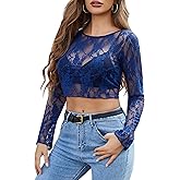 Avidlove Mesh Top Women Long Sleeve Crew Neck Sheer Blouse See Through Floral Lace Tops
