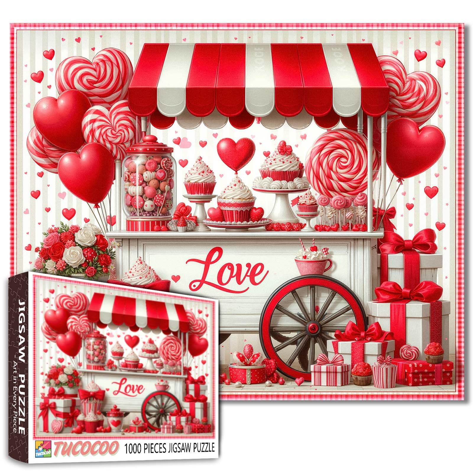 Photo 1 of 1000 Piece Jigsaw Puzzles for Adults Candy Cart Jigsaw Puzzle Red Valentine's Day 1000 Pieces Puzzles Game Balloon Lollipop Dessert Cart Wall Decor DIY Craft Puzzle Sweet Love Art
