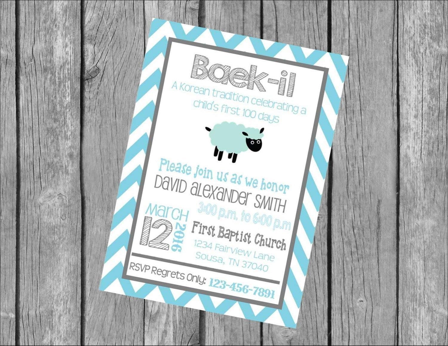 Grey & Blue Chevron Lamb Baek-il Korean 100 Days Customized 5x7" Printable OR Printed Invitation Invite WITH Envelopes - Made to Match ANY theme in my Shop