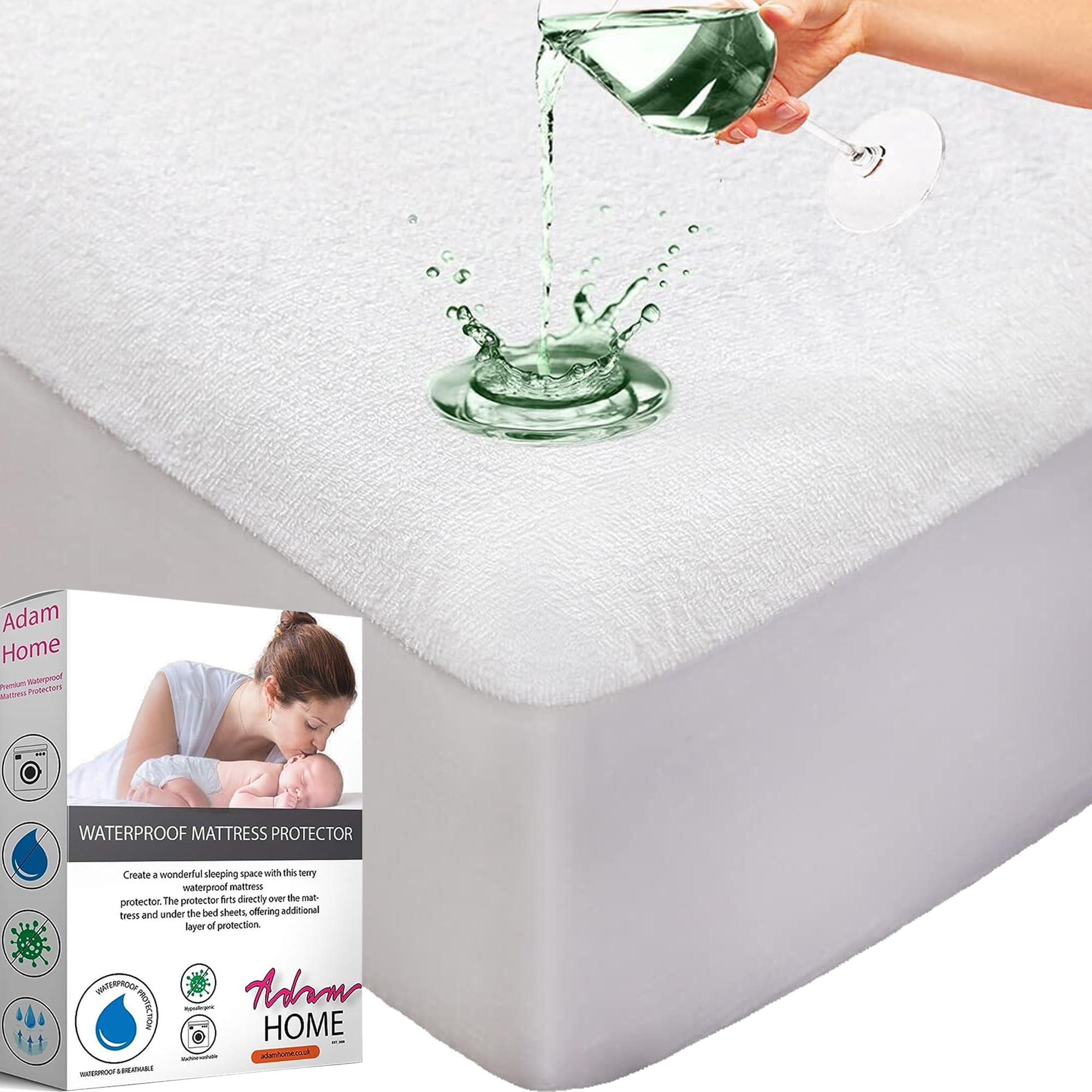 Adam Home Terry Cotton Waterproof Mattress Protector | Breathable Water & Moisture Proof Anti Allergic & Anti Dust/Mite Extra Deep Fitted Sheet Terry Mattress Case Covers White Small Double