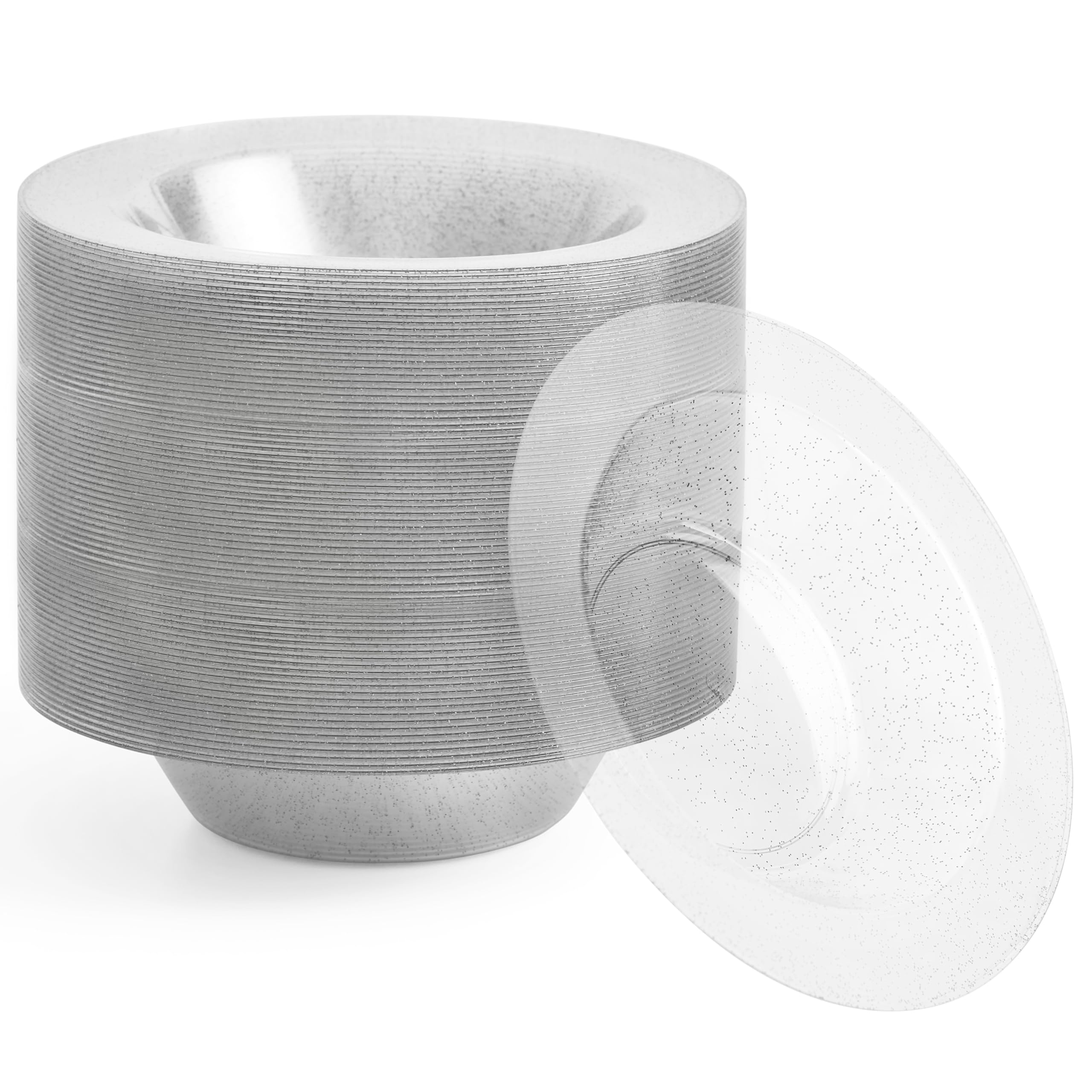 MATANA 25 Premium Clear Hard Plastic Bowls with Silver Glitter, 360ml - Sturdy & Reusable - Soup Bowls, Dessert Bowls for Weddings, Birthdays, Picnic, Buffet, Catering, Parties