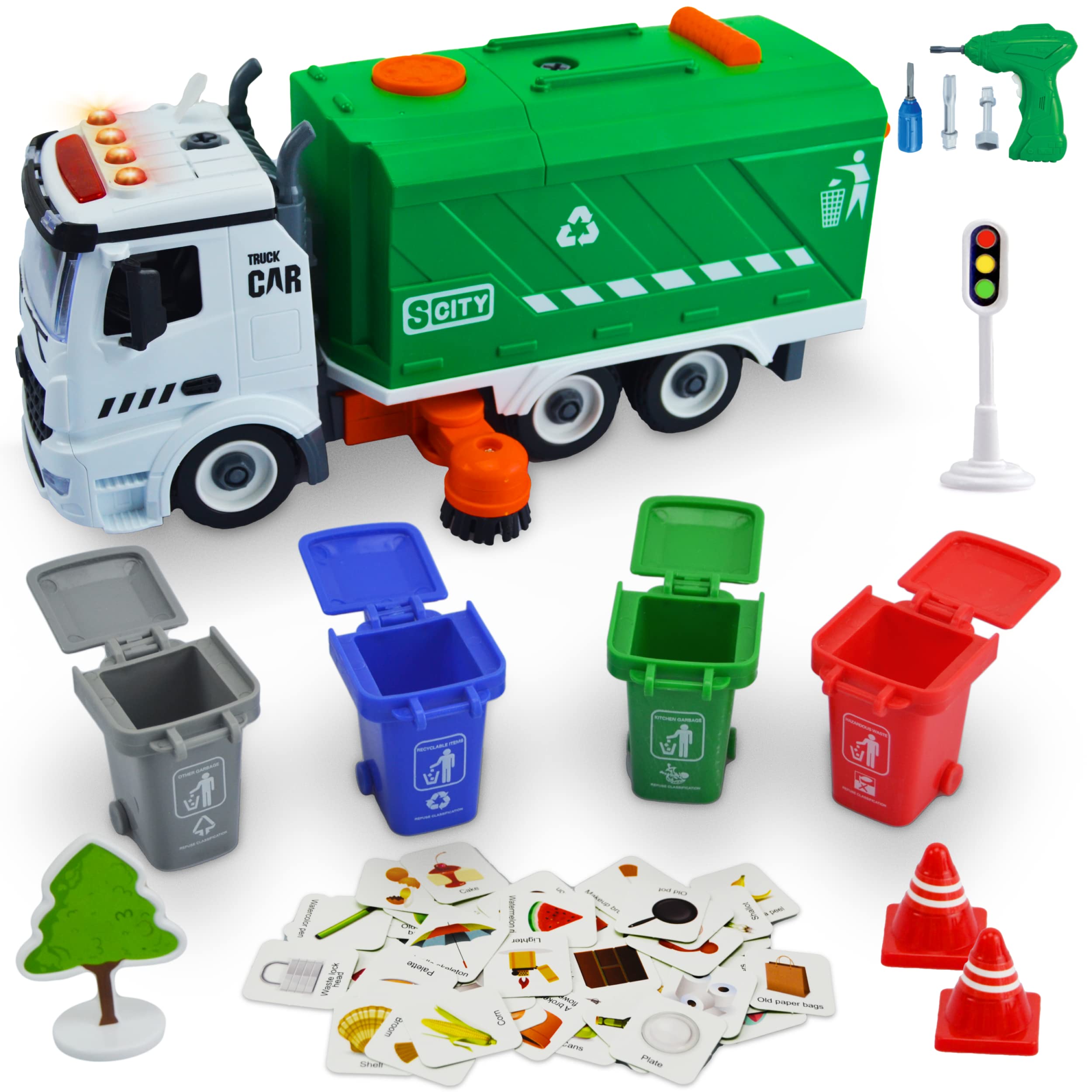 71 Pcs Take Apart Garbage Truck Playset - 1:12 Scale Push & Go + Electric Drill, Sounds & Lights, Road Signs Set, 4 Trash Cans & 40 Flash Cards for Learning - Recycling Truck for boys ages 4 5 6 7 8 +