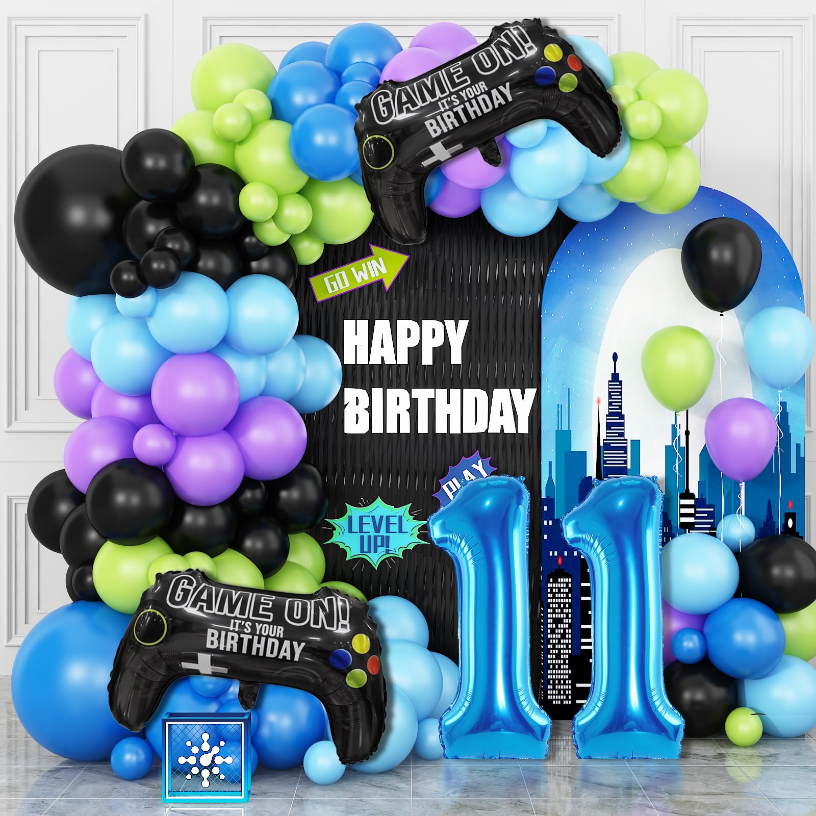 Photo 1 of 11th Birthday Video Game Balloons Arch, 11th Game Party Balloons Garland Kit 11th Game Birthday Supplies with Blue Number 11 Balloon Game Foil Balloons for 11 Year Old Teens Boys Birthday Decor