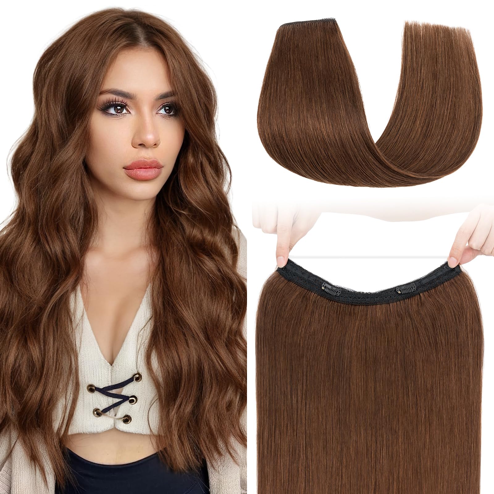 Photo 1 of S-noilite Halo Hair Extension Invisible Wire in Real Remy Human Hair Extensions with Clips Adjustable Hidden Wire in Hair Extension for Women 18 inch Medium Brown