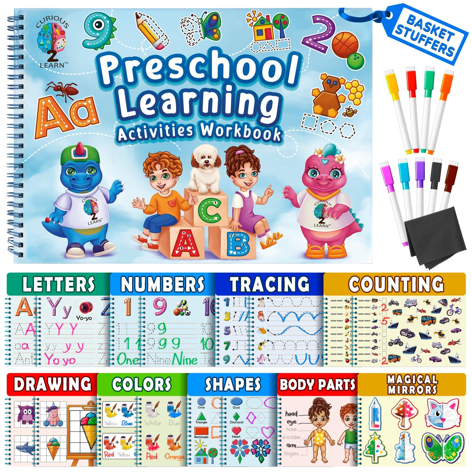 Curious 2 Learn Hardcover Preschool Activity Workbook for Kids Ages 3–5 – 32 Montessori Learning Activities with 9 Markers – ABC, Numbers, Colors & Shapes – Educational Gift for Boys & Girls
