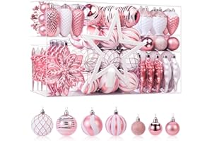 SHareconn 106PCS Christmas Balls Ornaments Set, Colorful Shatterproof Plastic Decorative Baubles for Xmas Tree Decor Holiday Wedding Party Decoration with Hanging Hooks, Rose Gold & White