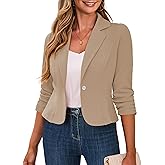 Traleubie Women's Cropped Blazers 3/4 Ruched Sleeve Lightweight Office Wear Short Blazer with Button, S-XL