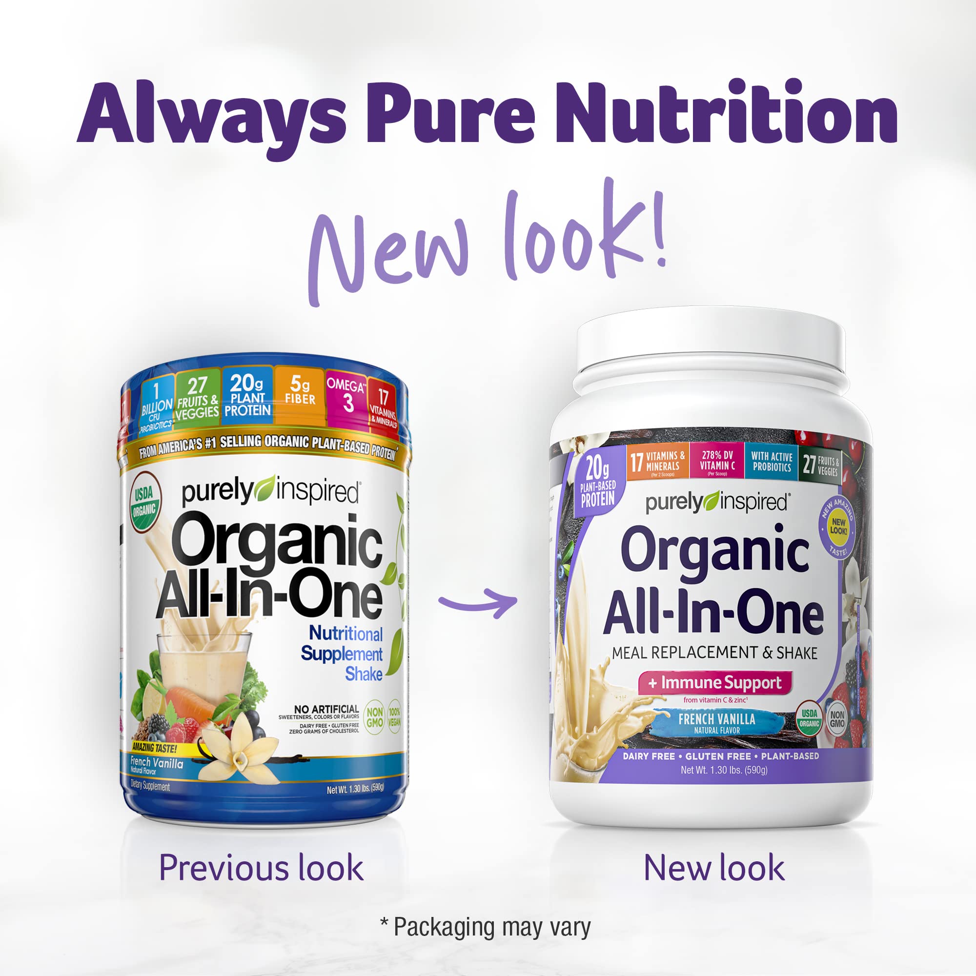Purely Inspired All-in-One Vegan Protein Powder for Men & Women, French Vanilla (16 Servings) - Plant-Based Organic Protein Powder for Shakes & Smoothies - Gluten-Free Nutritional Meal Replacement