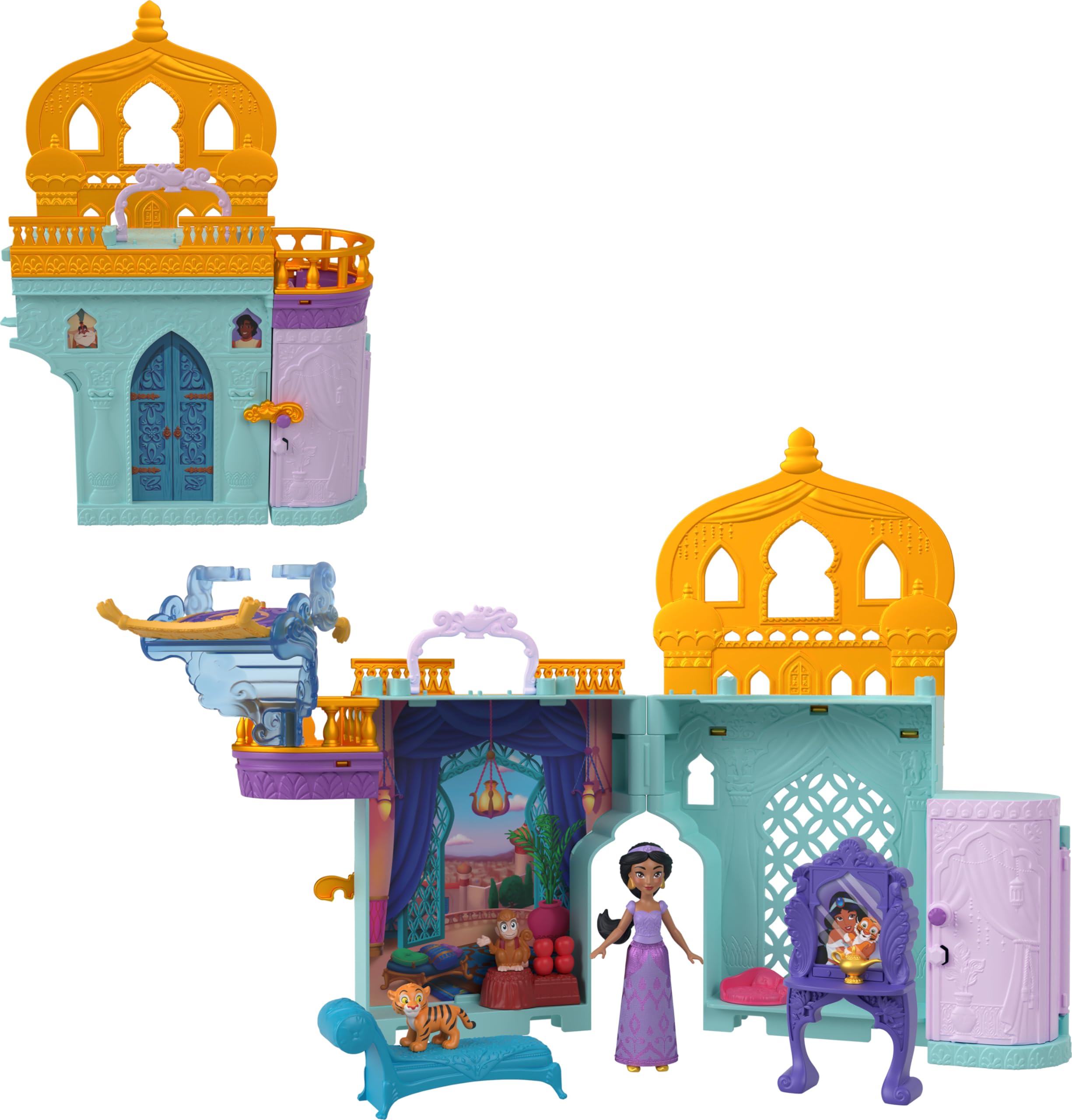 Mattel Disney Princess Toys, Jasmine Stackable Castle Doll House Playset with Small Doll, 2 Friends and 7 Pieces, Inspired by the Disney Movie, Kids Travel Toys and Gifts, HPV04