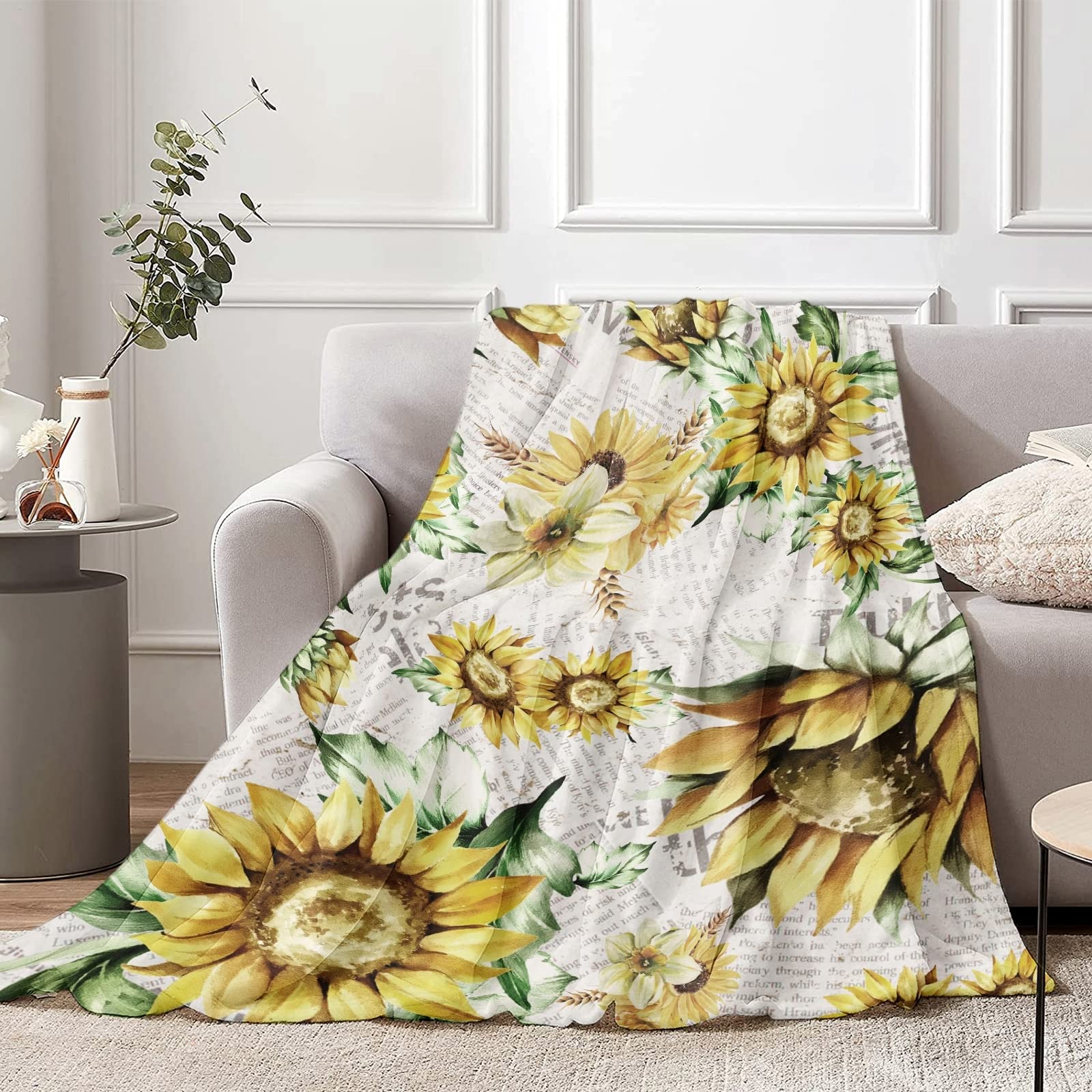 Lingqiang Sunflower Blanket Gifts for Girls, Soft Watercolor Plush Flannel Throw Kids Teen, Newspaper Cozy Fluffy Women Couch Bed Sofa Bedroom Decor, 130 x 150 cm, Beige