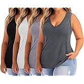 Ficerd 4 Pack Women's Plus Size Tank Tops, Casual V Neck Sleeveless Shirts Ladies Flowy Dressy Tunics Work Tees