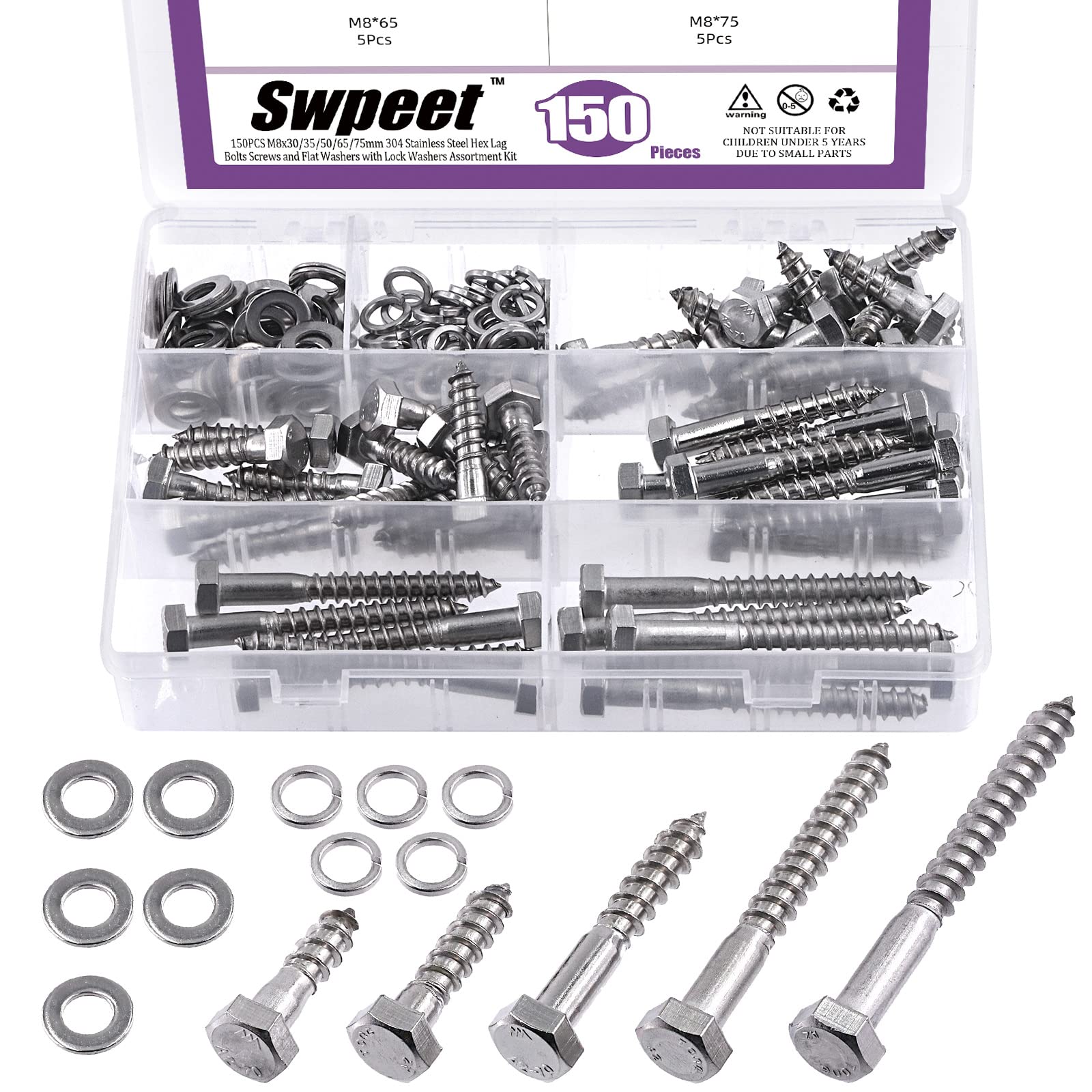 Swpeet 150PCS M8x30/35/50/65/75mm 304 Stainless Steel Hex Lag Bolts Screws and Flat Washers with Lock Washers Assortment Kit, M6 M8 Hexagon Head Wood Screws Lag Bolts and M6 M8 Flat Lock Washers