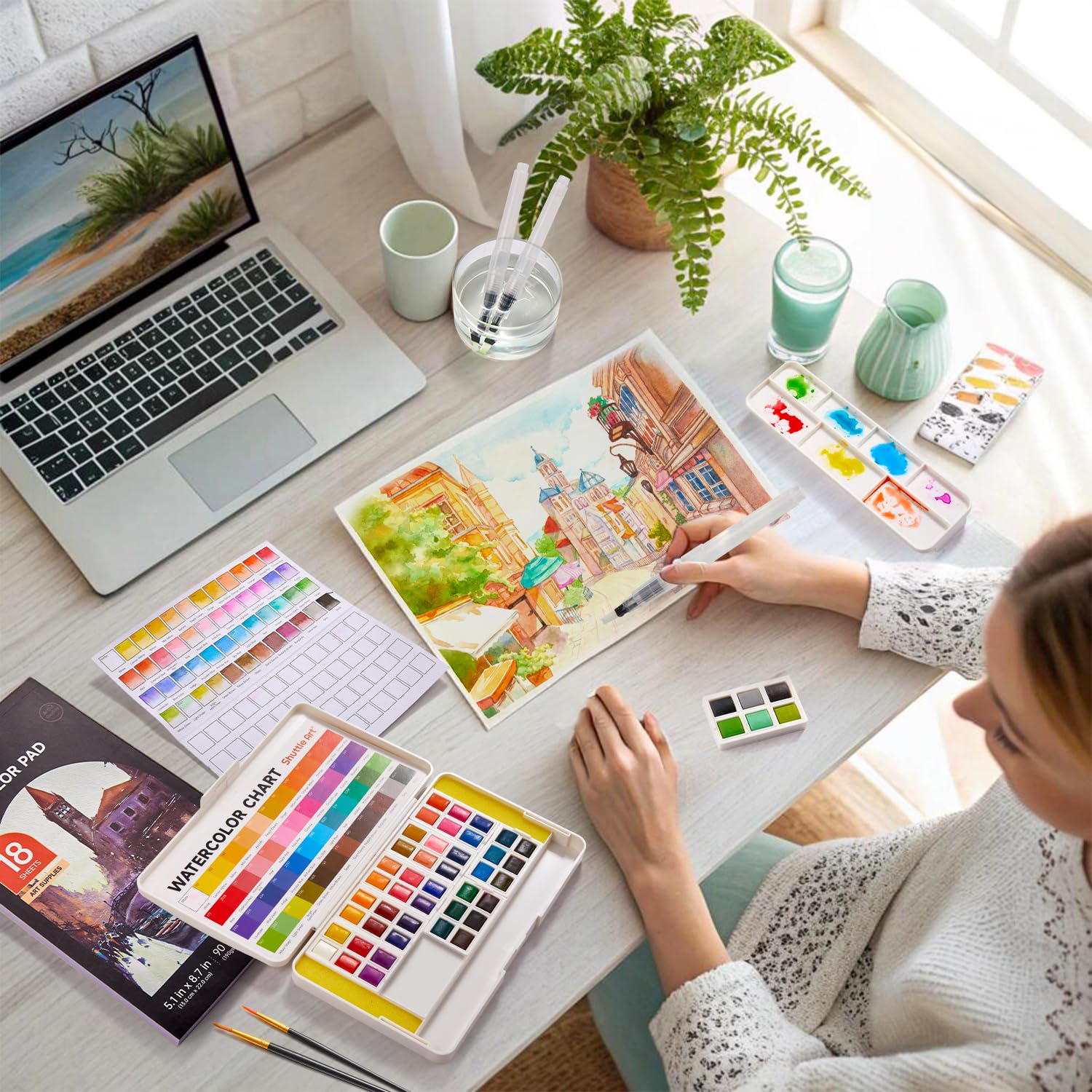 Watercolor Paint Set, Shuttle Art 48 Colors Watercolor Paint in Half Pans with 2 Water Brush Pens, 10 Paint Brushes, 1 Watercolor Pad, 1 Palette, 2 Color Charts, Watercolor Kit for KidsAdults, Artists