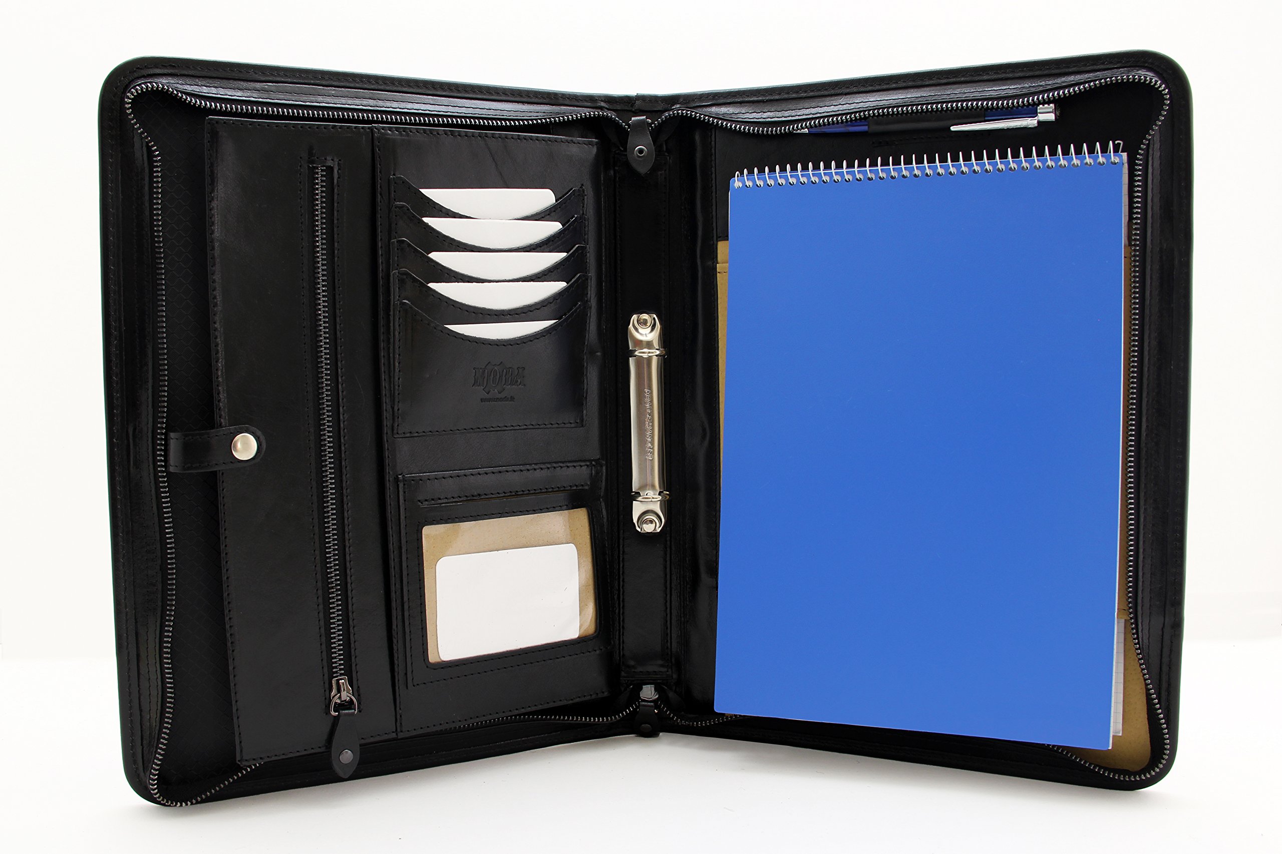 Noda Executive Leather Padfolio 2 Ring Binder Professional Business Portfolio w/Zippered Closure | Resume, Document, Notepad, Tablet, Writing Pad Organizer | Men, Women (Black)