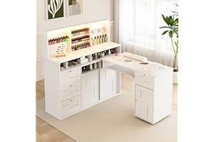 HolaiNail Manicure Table with Dust Collector, L-Shaped Nail Desk with Mobile Desktop, LED Light, Glass Display Rack, Storage Cabinets and Drawers for Home Spa Beauty Salon Nail Station, White