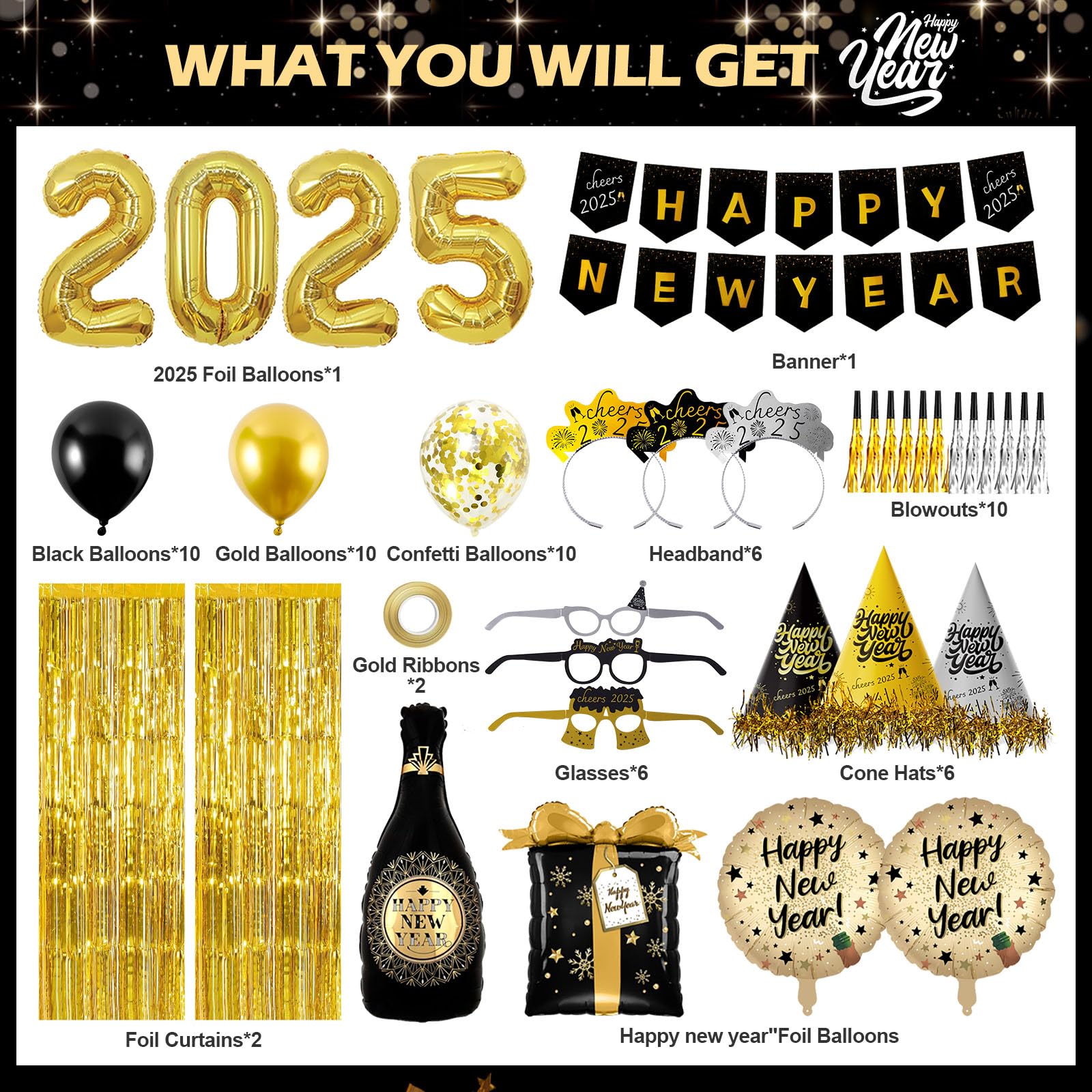 New Years Eve Party Supplies 2026-73 PCS Happy New Years Decorations-Party Favors Includes Hats, Banner, Glasses, Tiaras, Squawkers Blowers, Balloons, Fringe Curtain Accessories Nye Decorations 2026