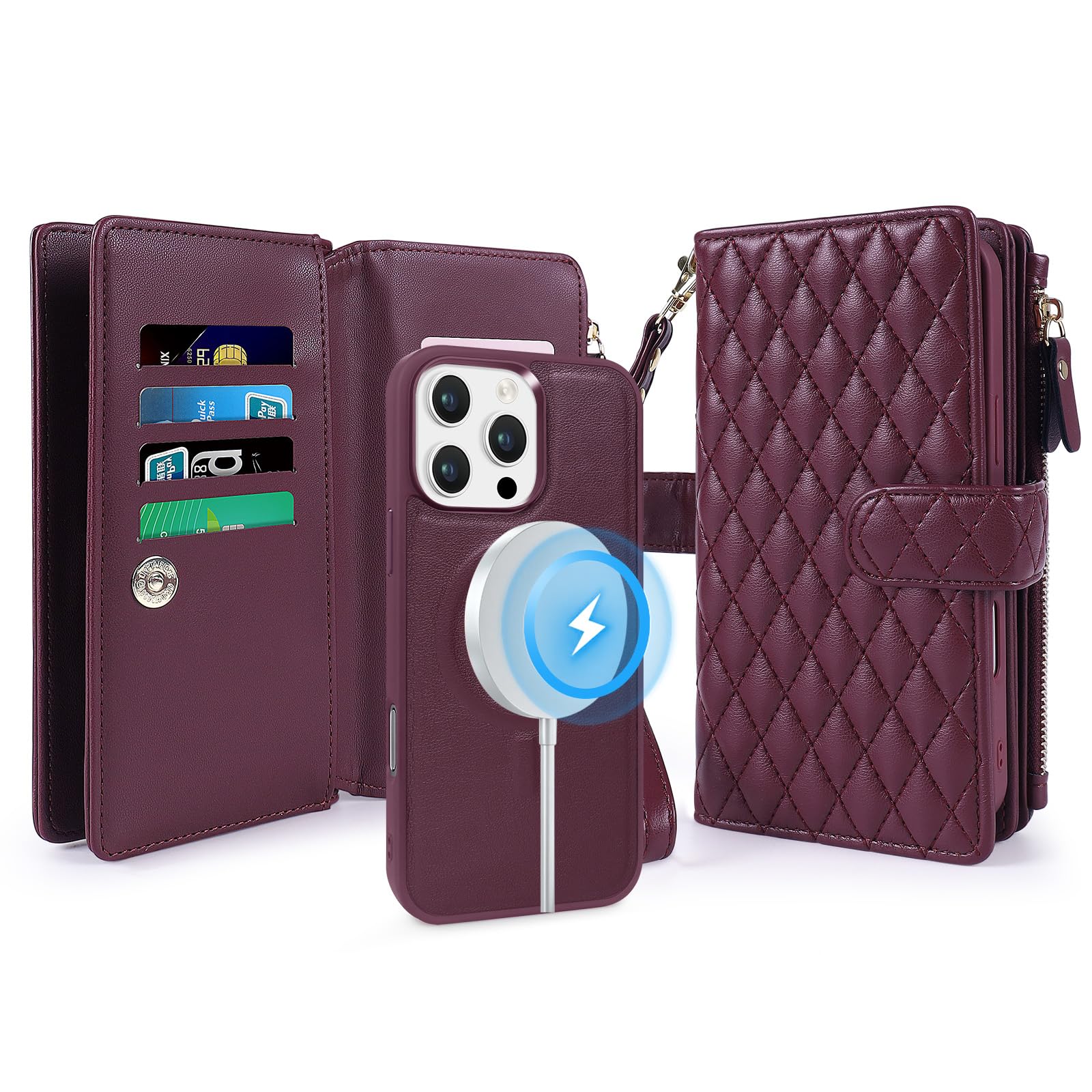 Lacass for iPhone 16 Plus Case Wallet,Compatible with MagSafe Magnetic 2 in 1 Magnetic Detachable PU Leather RFID Blocking Wallet Cover Card Holder Zipper Wrist Strap Lanyard,Quilted Wine Red