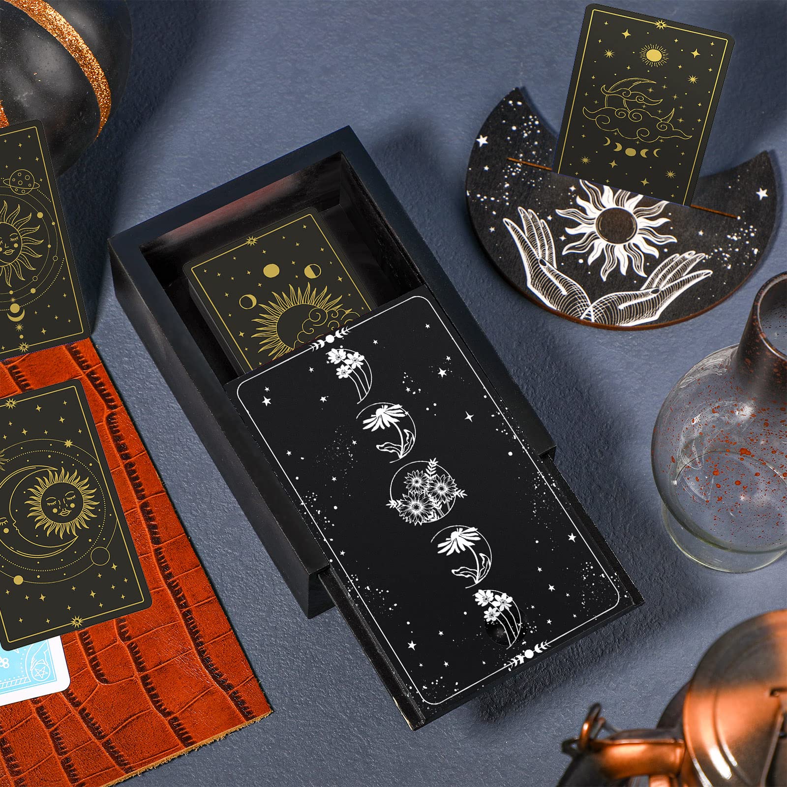 Yulejo Wooden Tarot Card Case and Stand Holder, Cards Box Fortune Telling Trinket Keepsake with Pendulum Board Moon Shape Altar Display for Witch (Novel Style)