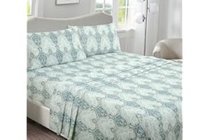 Briarwood Home 100% Cotton Printed Flannel Sheet Set 4 Piece Brushed Turkish Bedding Super Soft, Warm, Cozy, Deep Pocket & Breathable All Season Sheets & Pillow Set(Damask Navy, Queen)