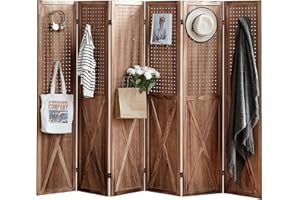 ALeesing 6 Panel Room Divider with 24 Hooks, Pegboard Display Wood Room Divider Folding Privacy Screens, Room Divider Peg Board Display for Trade Show Craft Show Home Wall Organizer, Retro Brown