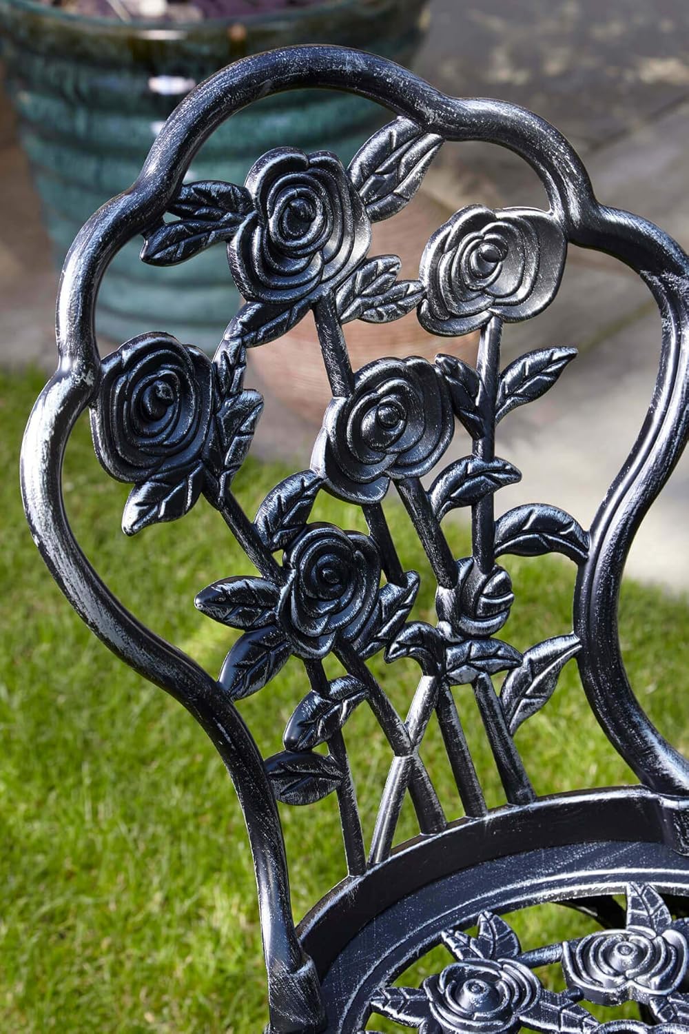 Home Source Rose Garden Patio Outdoor Bistro Set Table and 2 Chairs Metal Garden Furniture, Grey, 3 Piece Set - Image 4