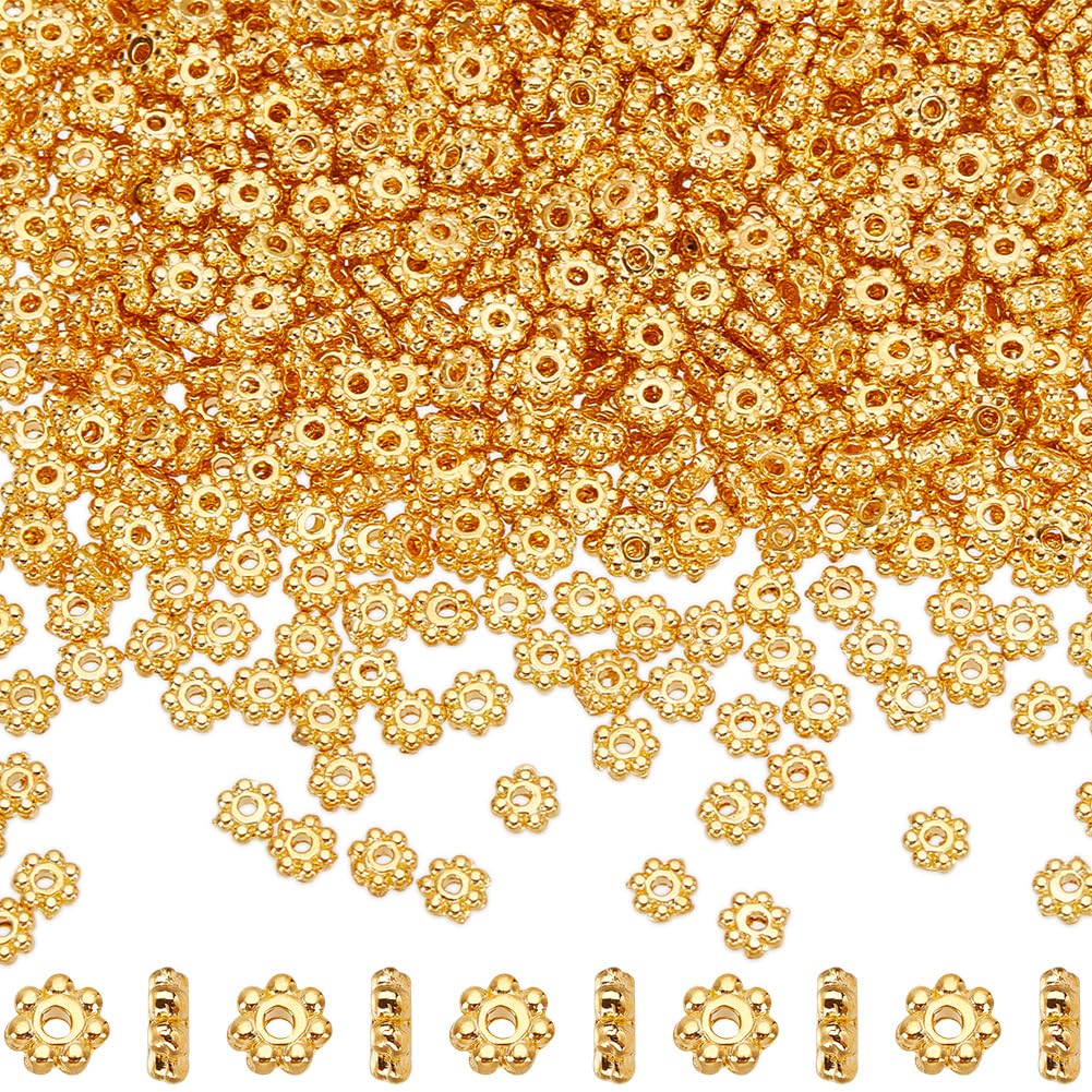 SOFPLATE 1 Box 1000Pcs 4.5mm Daisy Spacer Metal Beads Gold Flower Alloy Bead Bulk Tibetan Flat Round Mini Small Snowflake Spacer Charms for Bracelets DIY Christmas Necklace jewellery Making Supplies