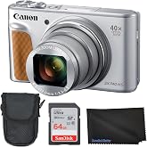 Canon PowerShot SX740 HS Digital Camera (Silver) 20.3MP, 40x Optical Zoom, 4K UHD Video, Wi-Fi &amp; Bluetooth, Compact Point &amp; Shoot Travel Camera + 64GB SD Card + Padded Case + Microfiber Cloth