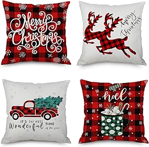 QoGoer Christmas Decorations Throw Pillow Covers 18 x 18 Inch Set of 4, Red Black Buffalo Plaids Merry Christmas Pillow Cases Cotton Linen Cushion Covers for Farmhouse, Xmas Home Decor, Bed and Couch