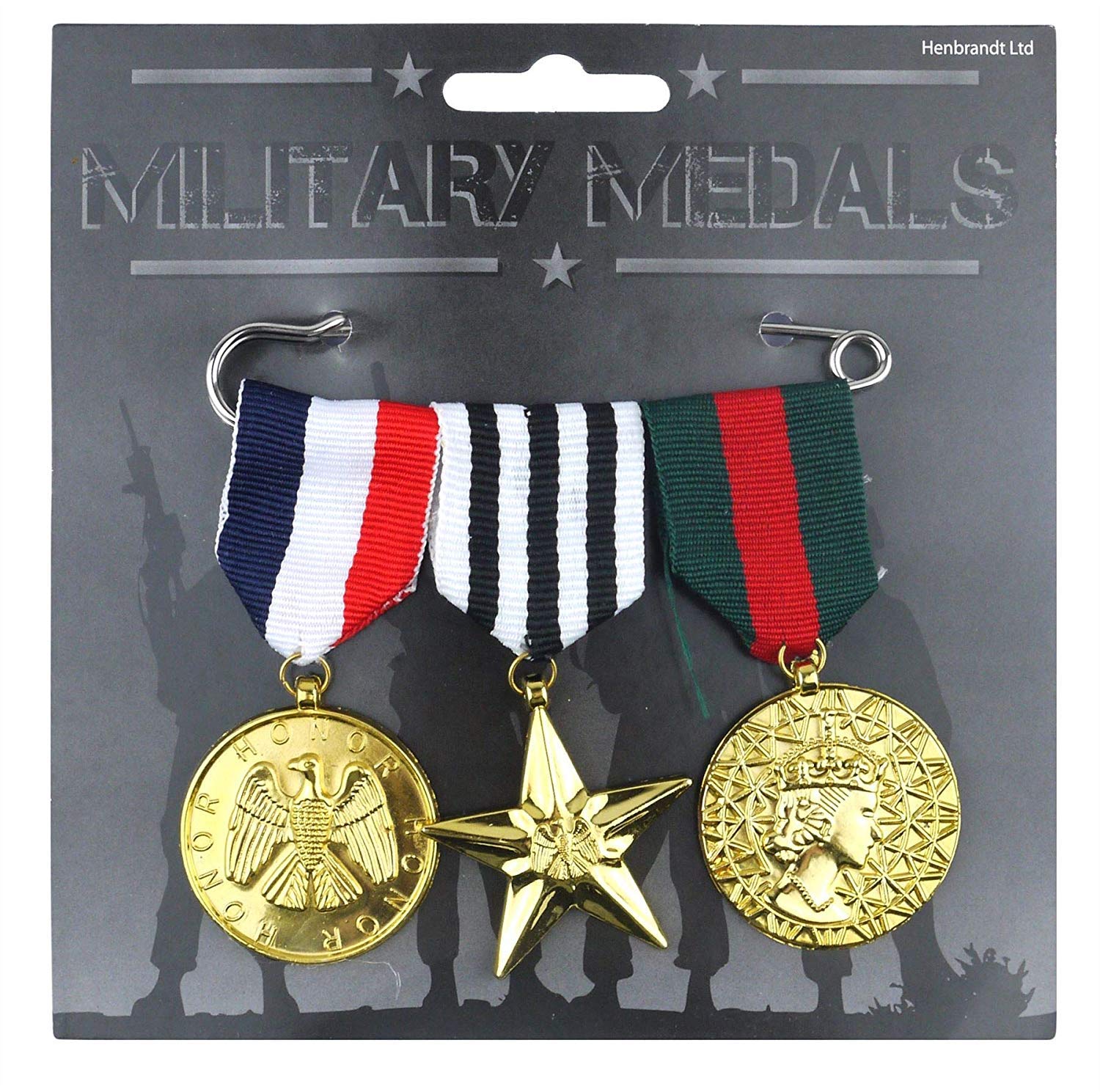 Lizzy | Military Badge Medal Pin Set | 3Pcs, Gold Tone, 12x15CM | Soldier Army Design, Sturdy Metal, Secure Clasp | Dress Accessory for Adults & Kids