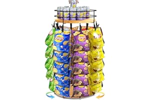 USLUOLE Chip Rack Display Stand, 5 Tiers 40 Clips Snack Organizer with Fence, 360°Rotating Wooden Base Chip Bag Holder Candy Display for Concession Stand Countertop, Party, Retail, Home Office, Light Wood