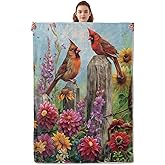 Kibue Cute Cardinal Blanket - Soft & Cozy Warm Flannel Throw with Colorful Flower - Lightweight Plush Blankets for Travel, Sofa, Bedroom, Office - Gifts for Adults Kids Women - for All Season 60"×50"