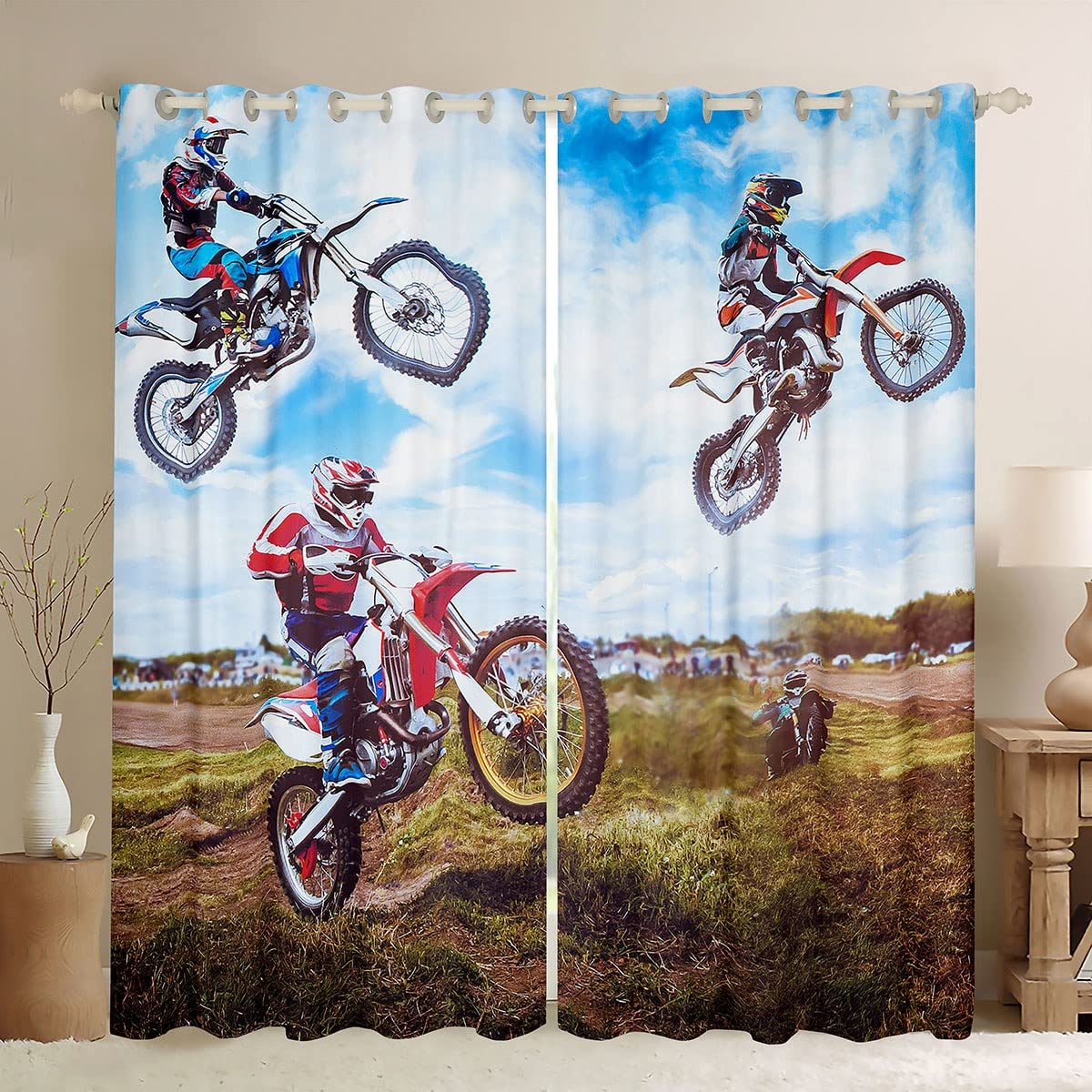 Loussiesd Mountain Dirt Bike Curtain Boys Motocross Rider Window Drapes Kids Girls Teens Extreme Sports Racing Window Curtains for Bedroom Living Room Motorcycle Window Treatments, W46*L54
