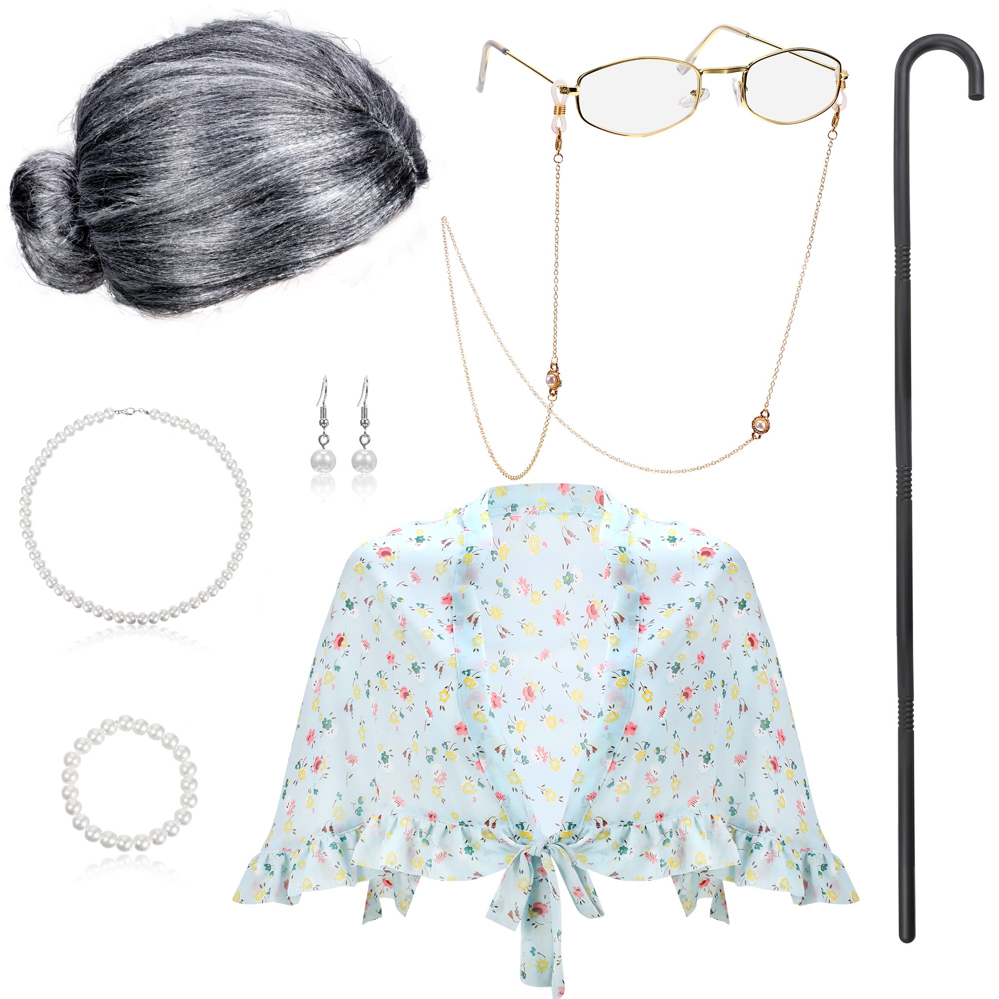 BBTO 100 Days of School Costume Old Lady Costume for Kids Granny Wig Shawl Grandma Outifits with Glasses and Accessories(Ashen Hair Style)