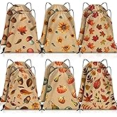 12 Pcs Thanksgiving Fall Gift Bags with Drawstring Polyester Fall Treat Bags Maple Leaves Sunflowers Nuts Pumpkin Goodie Bags for Kid Candy Grocery Party Favor Wedding Birthday Bridal Shower, 6 Design
