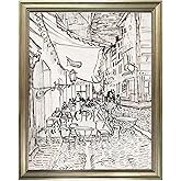 Vintage Framed Van Gogh Oil Painting Paris Café Terrace Night Exhibition Print Poster Black and White Canvas Wall Art Pen Drawing Sketch Artwork for Living Room Bedroom Wall Decor