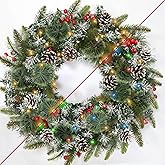 24 Inch Lighted Christmas Wreath, Artificial Christmas Wreaths for Front Door with 50 Warm White&Multicolored Dual Color Lights Timer 8 Modes 15 Pinecones 14 Berries 190 Tips Xmas Indoor Outdoor Home