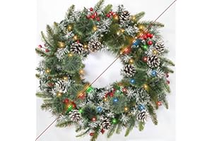AMENON 24 Inch Lighted Christmas Wreath, Artificial Christmas Wreaths for Front Door with 50 Warm White&Multicolored Dual Color Lights Timer 8 Modes 15 Pinecones 14 Berries 190 Tips Xmas Indoor Outdoor Home
