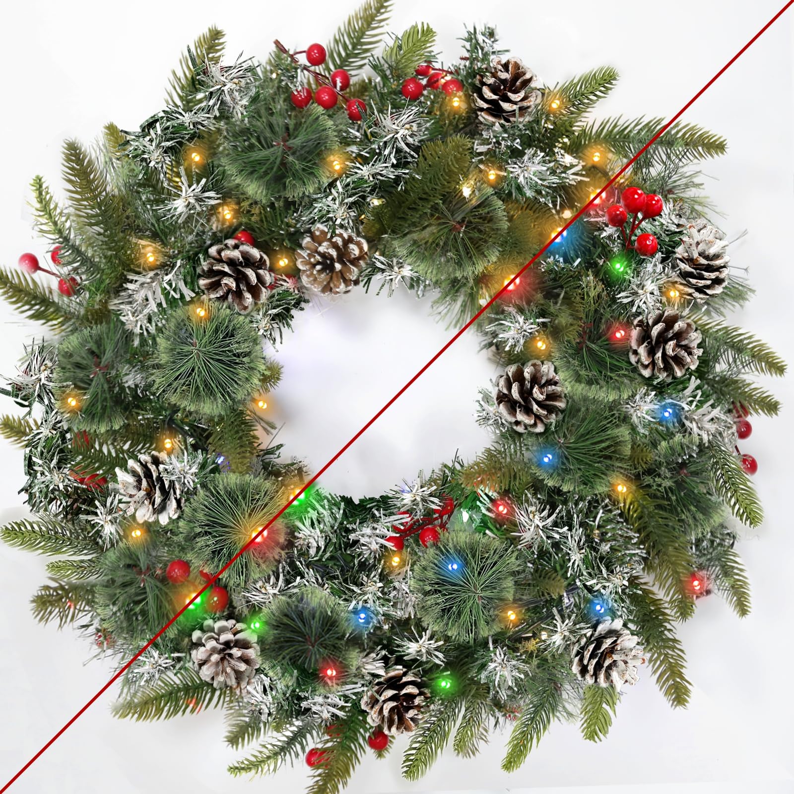 Photo 1 of 24 Inch Lighted Christmas Wreath, Artificial Christmas Wreaths for Front Door with 50 Warm White&Multicolored Dual Color Lights Timer 8 Modes 15 Pinecones 14 Berries 190 Tips Xmas Indoor Outdoor Home