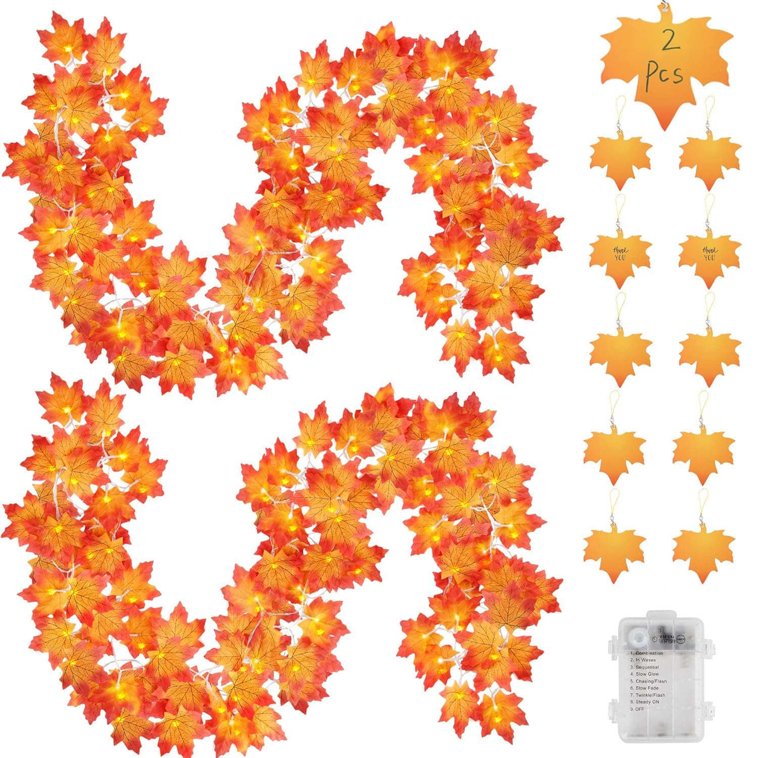 Photo 1 of C APPOK 2 Pack Thanksgiving Decor Fall Garland String Lights with Timer, 100 LED 32.8Ft Lighted Autumn Leaves Garlands Decor, 8 Models, Fall Leaf Garland Lights for Home Party Indoor Mantle