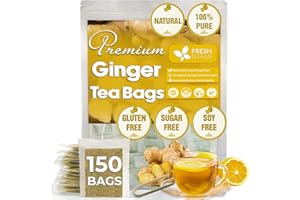 FreshDrinkUS, 150 Premium Ginger Tea Bags, 100% Natural & Pure from Ginger Root, Ginger Tea. Ginger Herbal Tea. Ginger Tea. No Sugar, No Caffeine, No Gluten, Vegan.