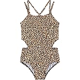 LIZENS Girls' One Piece Leopard Swimwear Cut Out Spaghetti Straps Swimsuit Floral Beach Bathing Suit for Girls Toddler Kids