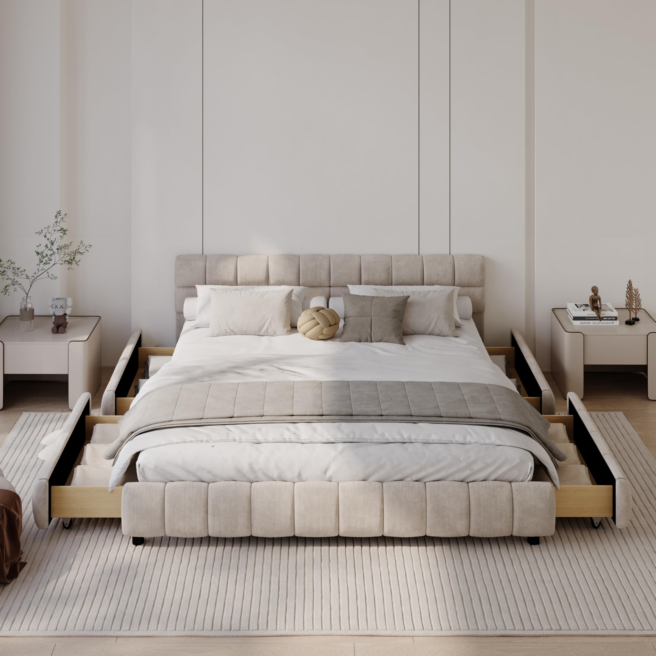 Photo 1 of ** VERY USED ** DEINPPA California King Modern Grounded Bed with Cloud Soft Headboard, Chenille Upholstered Wood Base Platform Bed with 4 Storage Drawers, Italian Style-Beige