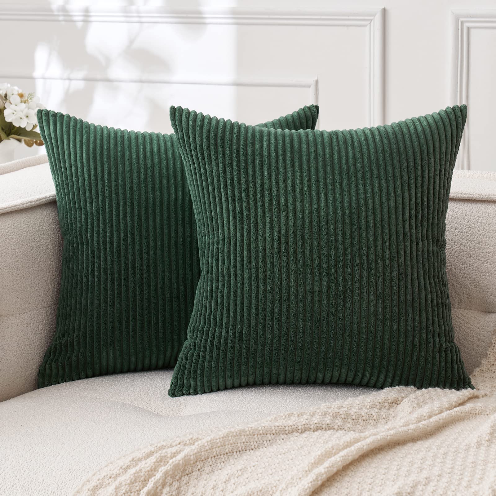 Photo 1 of MIULEE Pack of 2 Army Green Corduroy Christmas Pillow Covers Soft Boho Striped Throw Pillow Covers Set Decorative Square Cushion Cases Pillowcases for Spring Sofa Bedroom Couch 16 x 16 Inch