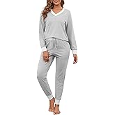 Namatime Women Cotton Pajama Sets 2 Piece Lounge Set Stripe Long Sleeve V Neck Pj Set Loungewear Soft Sleepwear with Pockets
