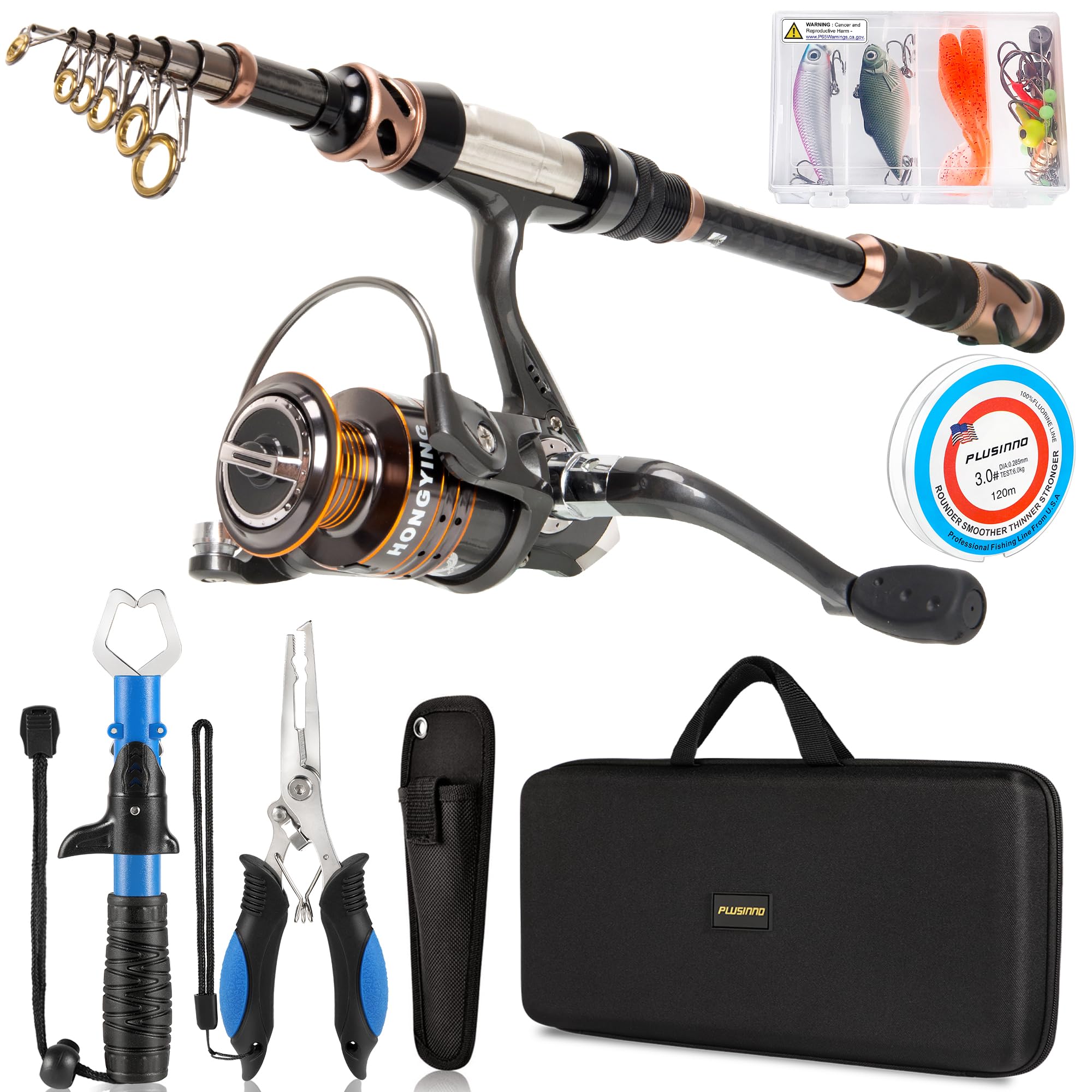 Photo 1 of PLUSINNO Fishing Rod and Reel Combos - Carbon Fiber Telescopic Fishing Pole - Spinning Reel 12 +1 Shielded Bearings Stainless Steel BB
