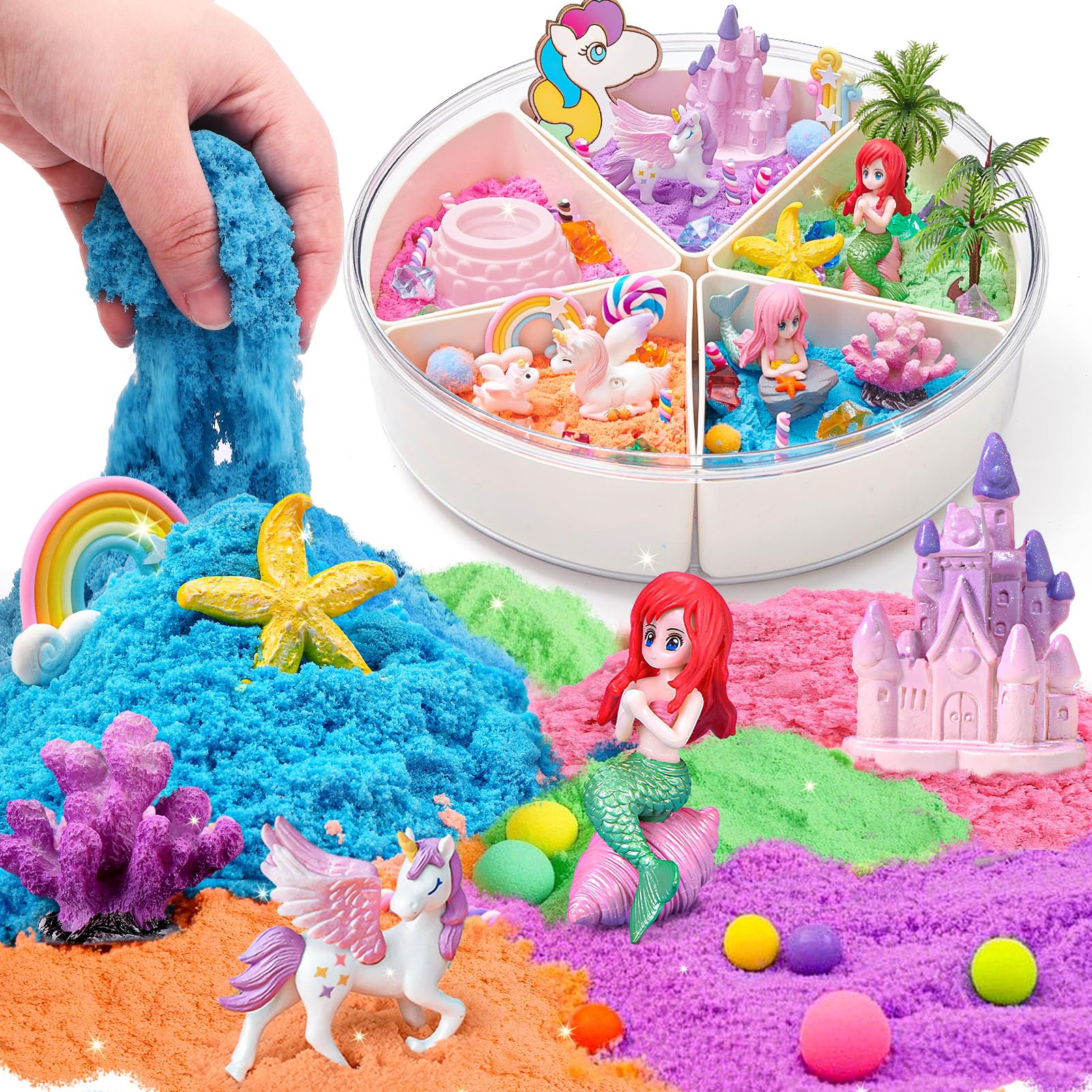 Photo 1 of G.C Unicorn Mermaid Sensory Bin for Girl Kid, Magnetic Play Sand Kit, Sandbox with 5 Compartments/Sensory Sand/Castle Molds, Sensory Toy Christmas Birthday Gift for Girl Toddler Ages 3 4 5 6 7 8