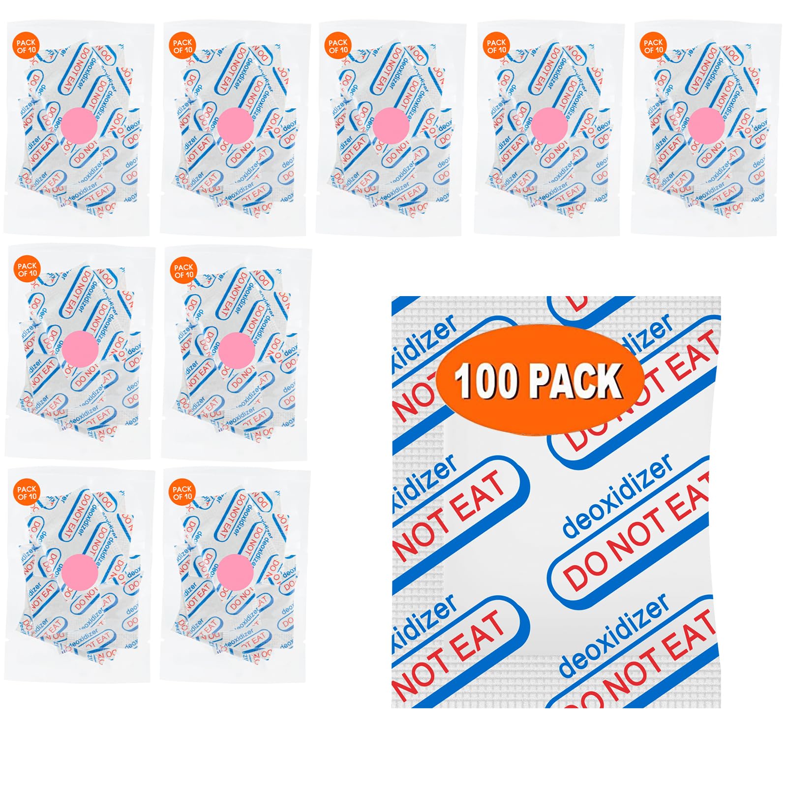 Photo 1 of 100 Packs 700CC Food Grade Oxygen Absorbers (10 Pack in Individual Vacuum Bag ) , Oxygen Absorbers For Long Term Food Storage with Oxygen Indicator , Works in Mylar Bags, Mason Jars, and Vacuum Bags