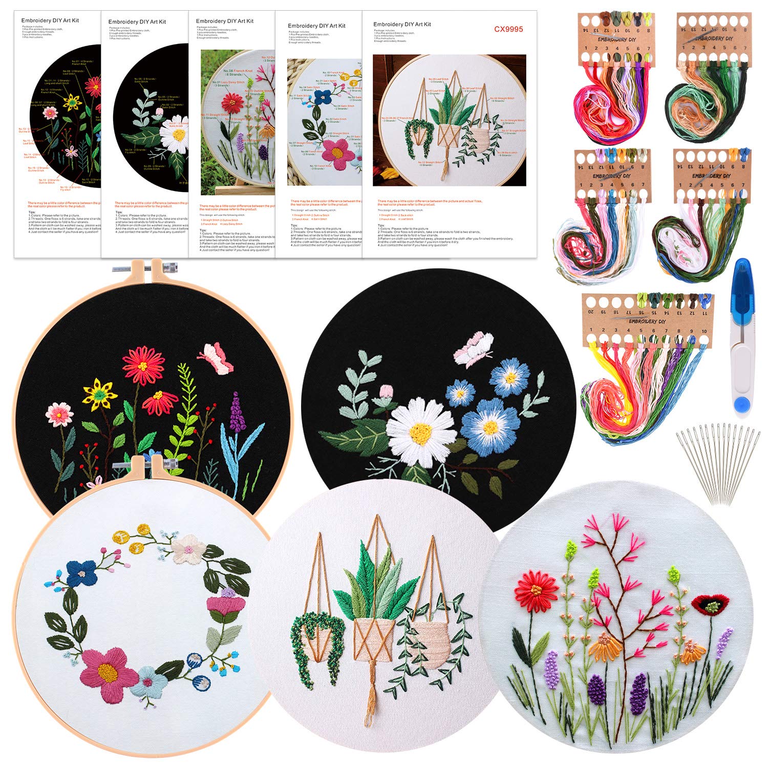 FEPITO 5 Sets Embroidery Starter Kit with Pattern and Instructions Cross Stitch Kit Including 5 Pcs Embroidery Clothes with Floral Pattern, 2 Pcs Plastic Embroidery Hoops, Color Threads Needle Kit