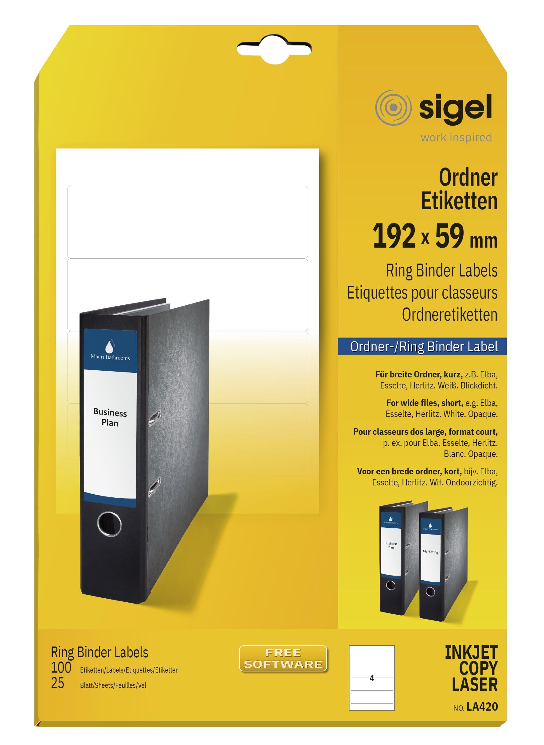 SIGEL LA420 Ring Binder Labels, 19.2 x 5.9 cm, 100 lbl equal to 25 sheets, opaque, White